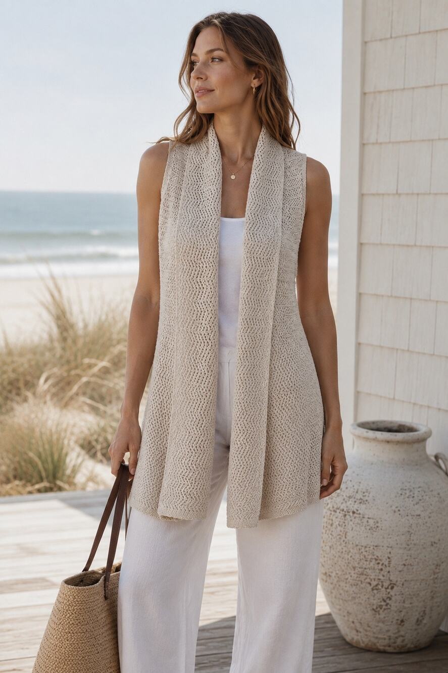 J. McLaughlin Open Front Knit Vest Cardigan Beige Coastal Minimalist Size Small